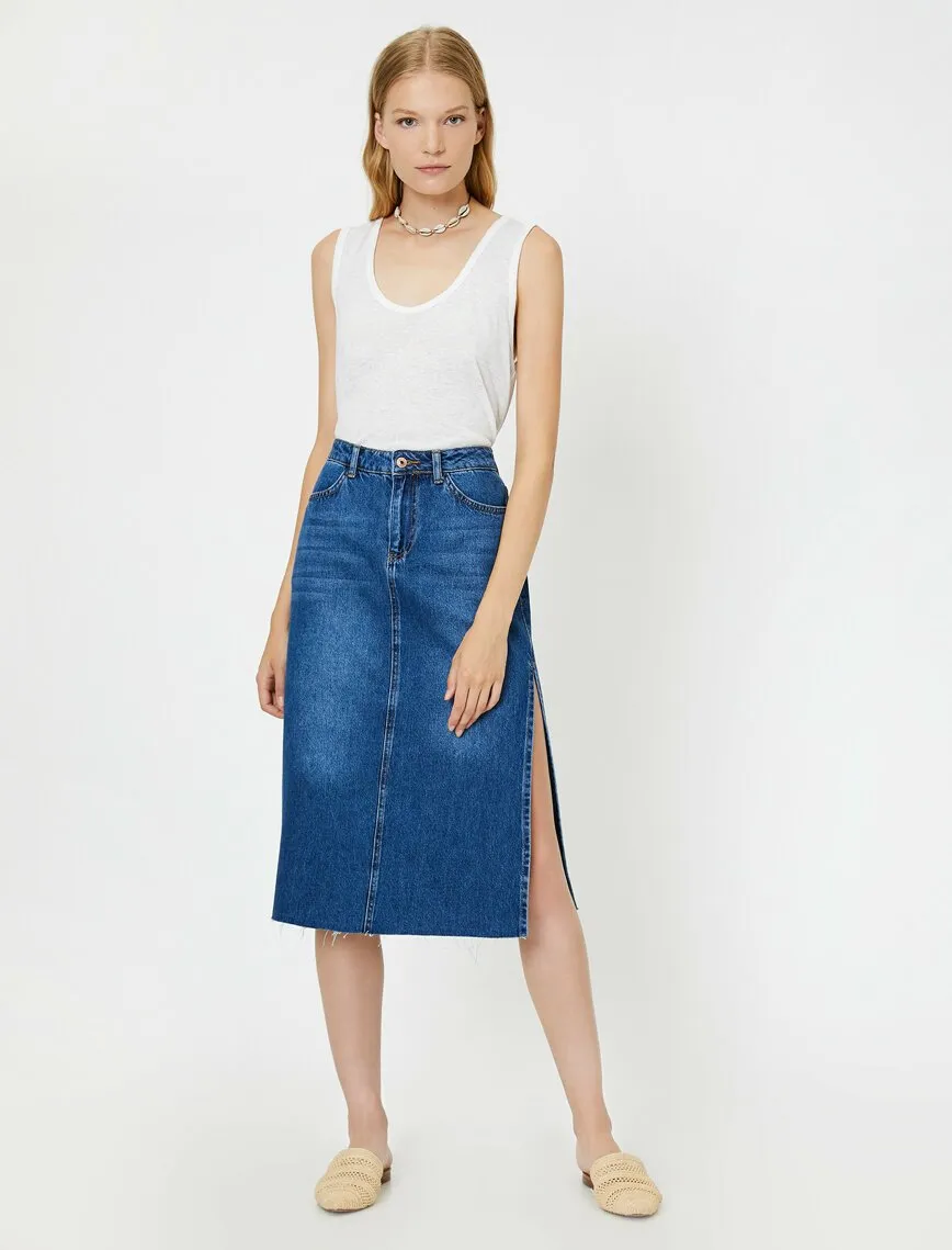 11925 Indigo Slit Detailed Midi Jean Skirt