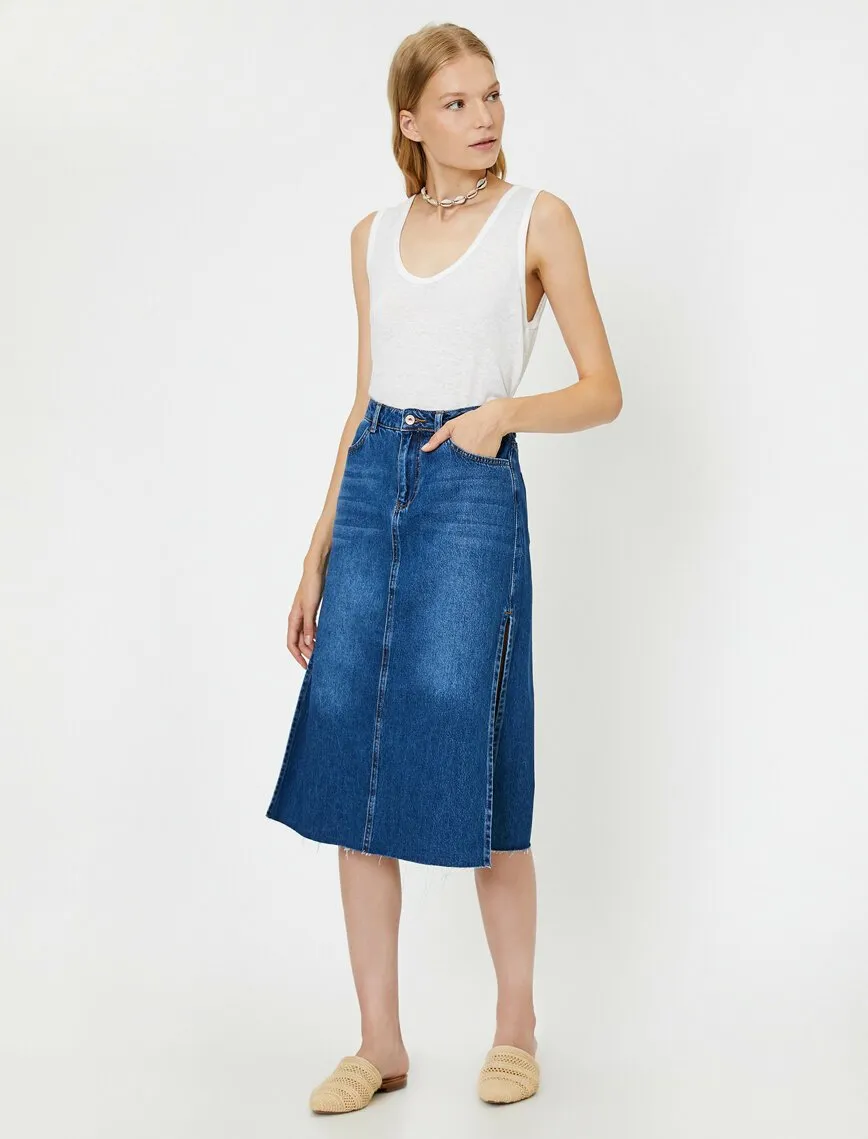 11925 Indigo Slit Detailed Midi Jean Skirt