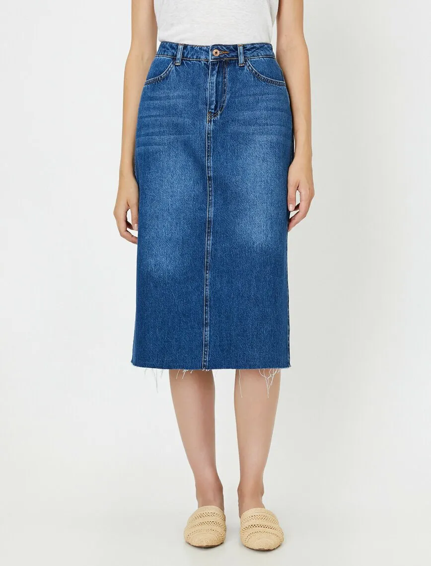 11925 Indigo Slit Detailed Midi Jean Skirt