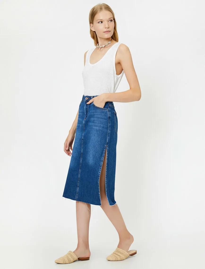 11925 Indigo Slit Detailed Midi Jean Skirt