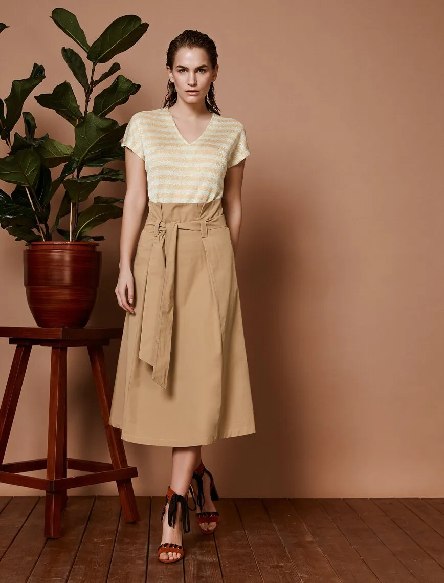 11977 Camel Tie Waist Midi Skirt