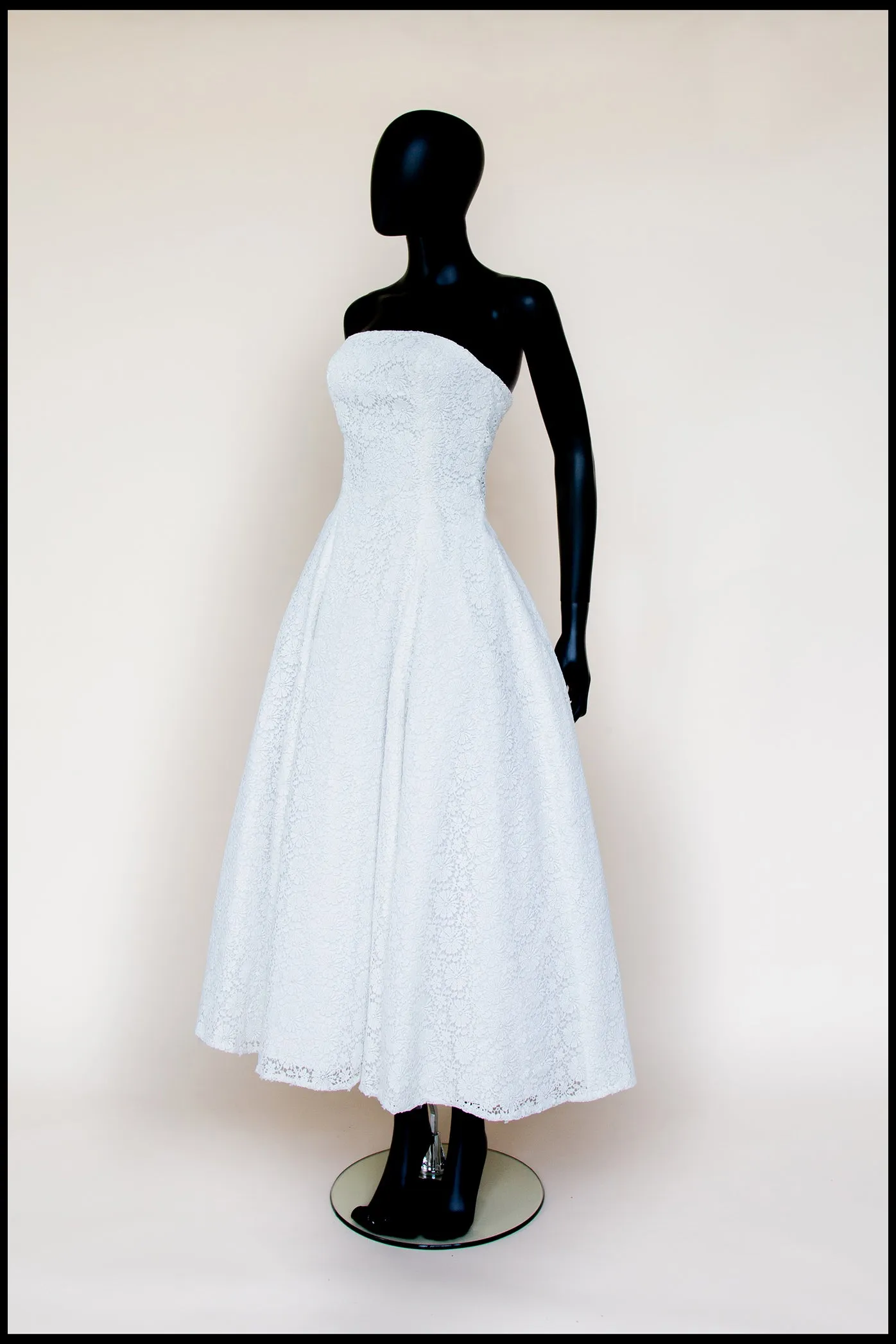 1950 - Strapless Ivory Guipure Lace Midi Dress