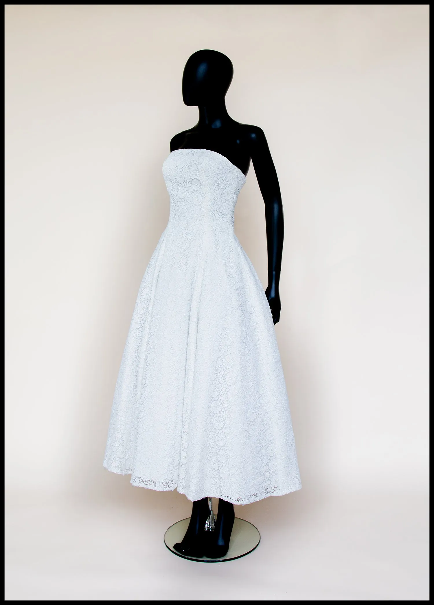 1950 - Strapless Ivory Guipure Lace Midi Dress