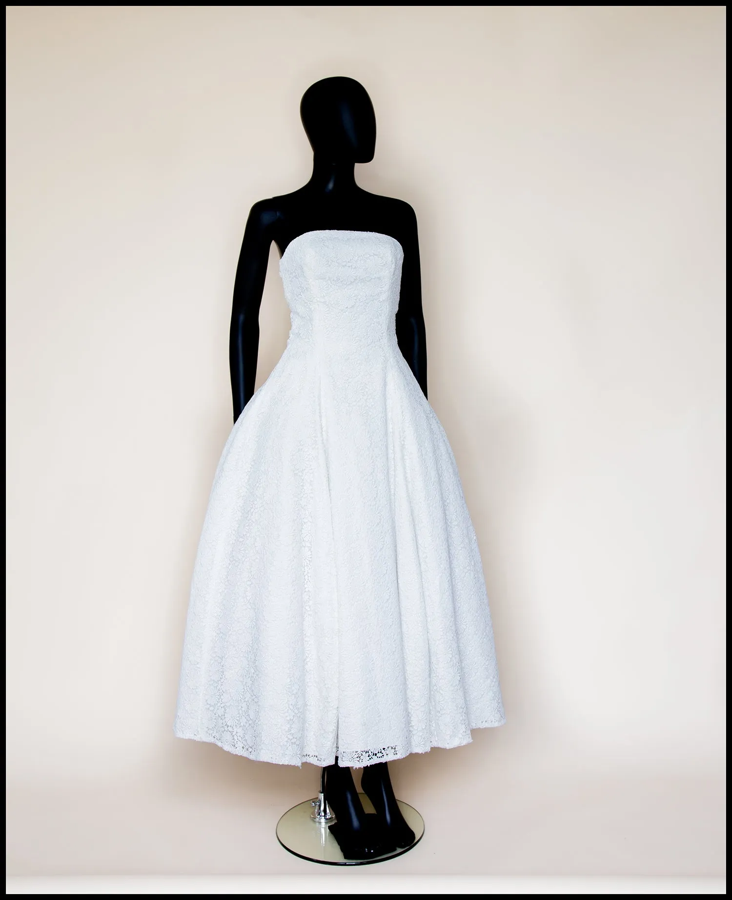 1950 - Strapless Ivory Guipure Lace Midi Dress