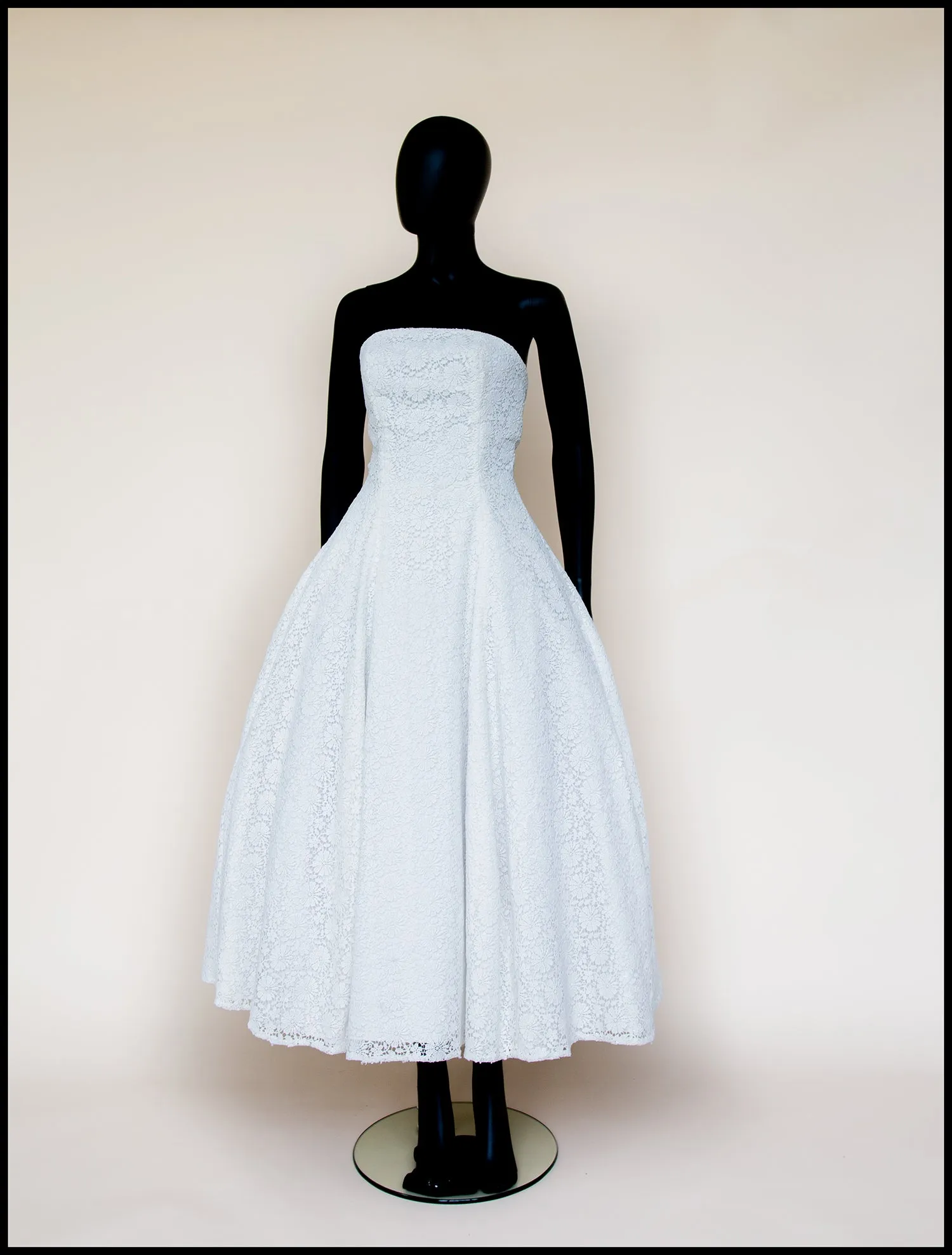 1950 - Strapless Ivory Guipure Lace Midi Dress