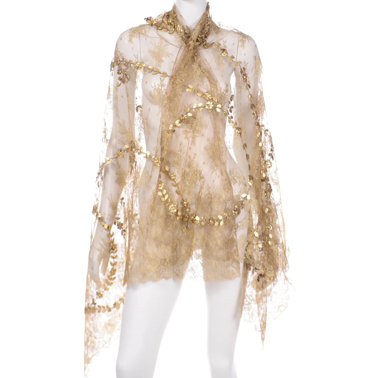 2000s Valentino Garavani Attr Gold Lace Beaded Shawl Scarf w Gold Leaf & Sequins