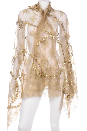 2000s Valentino Garavani Attr Gold Lace Beaded Shawl Scarf w Gold Leaf & Sequins