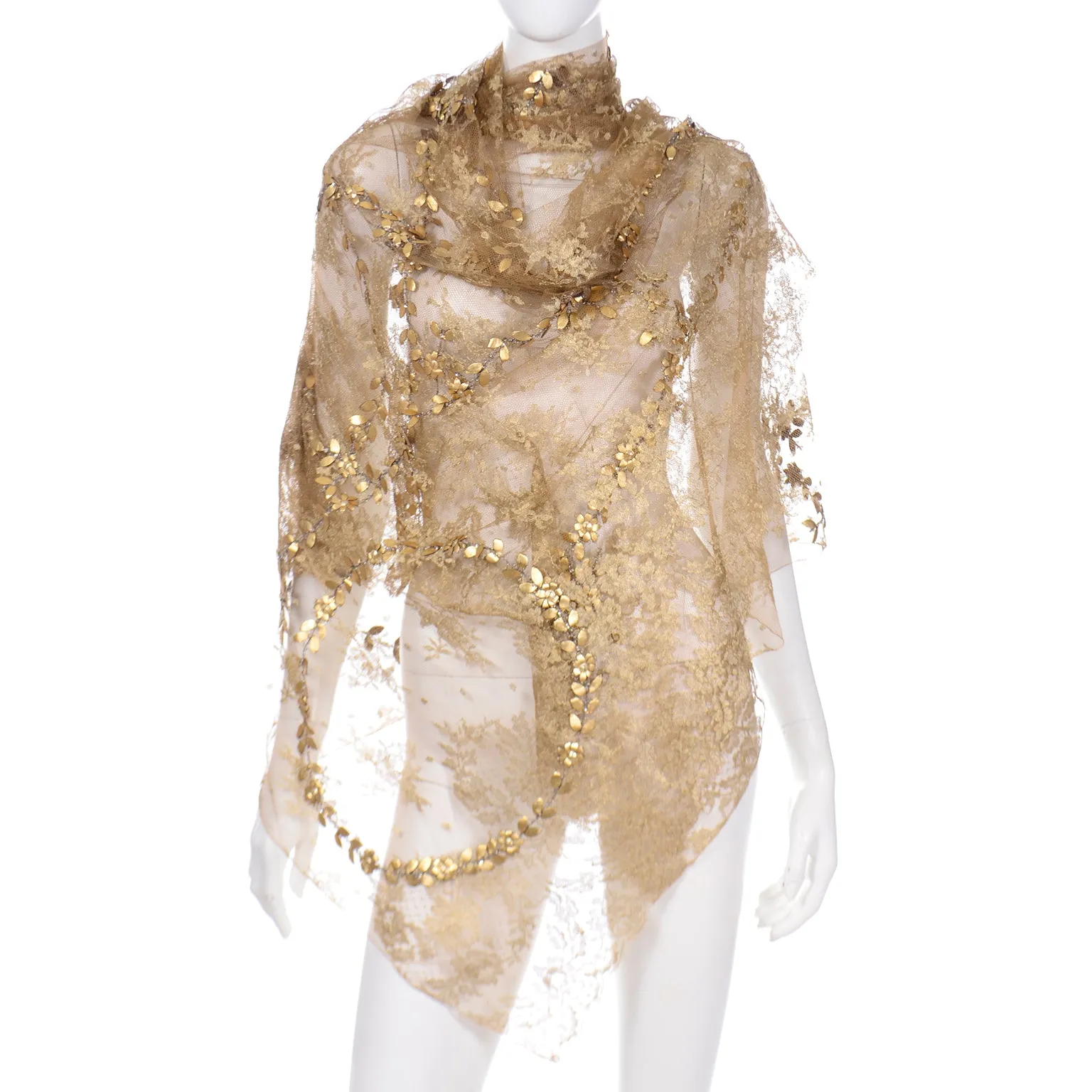 2000s Valentino Garavani Attr Gold Lace Beaded Shawl Scarf w Gold Leaf & Sequins