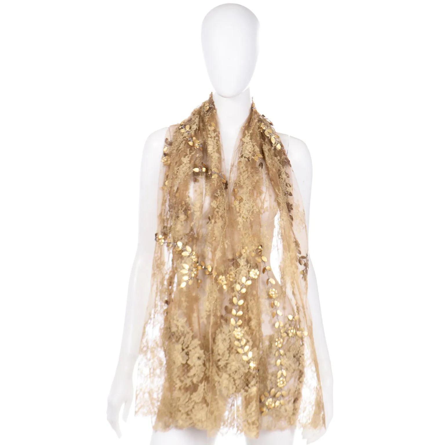 2000s Valentino Garavani Attr Gold Lace Beaded Shawl Scarf w Gold Leaf & Sequins