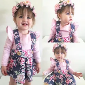 2Pcs Lovely Baby Girls Floral Long Sleeve Cotton Romper Dress Jumpsuit Outfits Set Clothes