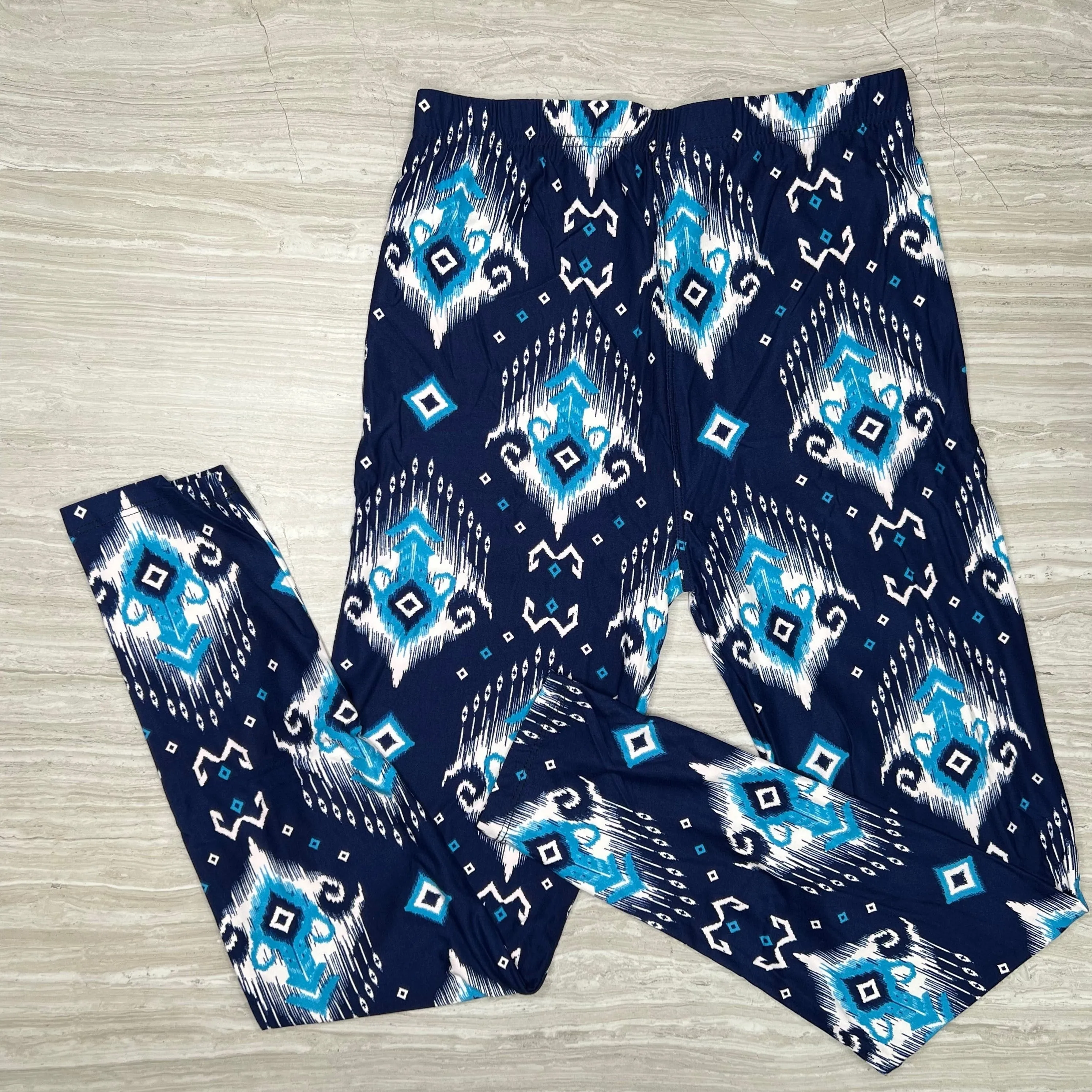 Abstract Teal Ikat Print Leggings