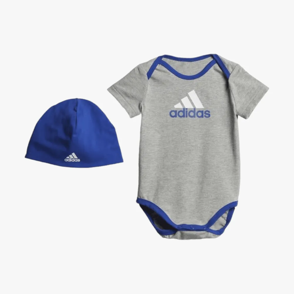 adidas Boys Essentials Big Logo Bodysuit And Beanie 2Pc Crib Gift Set Kids Grey