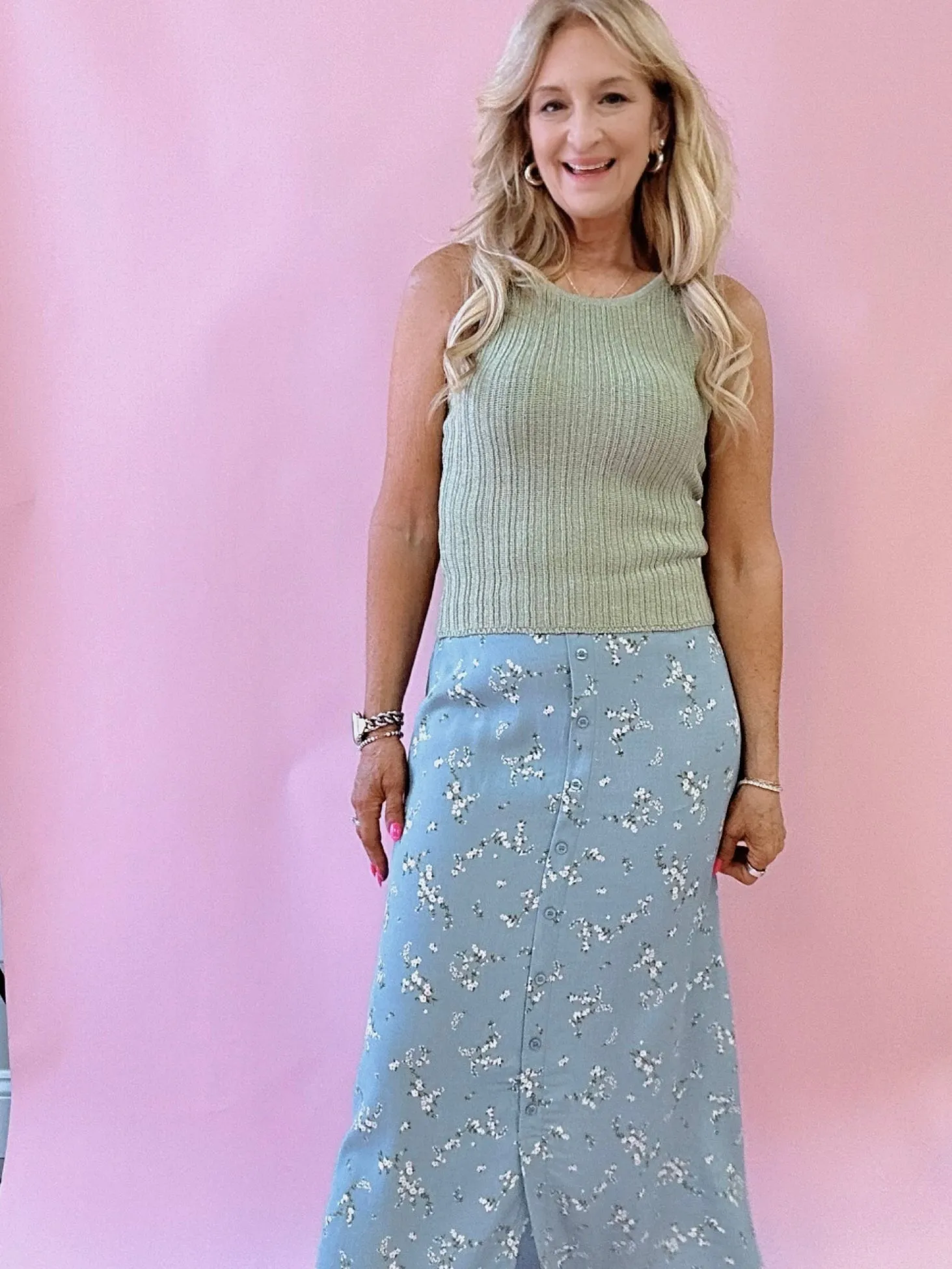 Alicia Floral Print Satin Midi Skirt in Blue