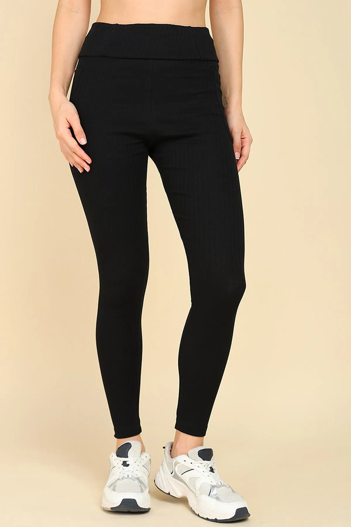 All Over Ribbed Cotton Black Mom Legging