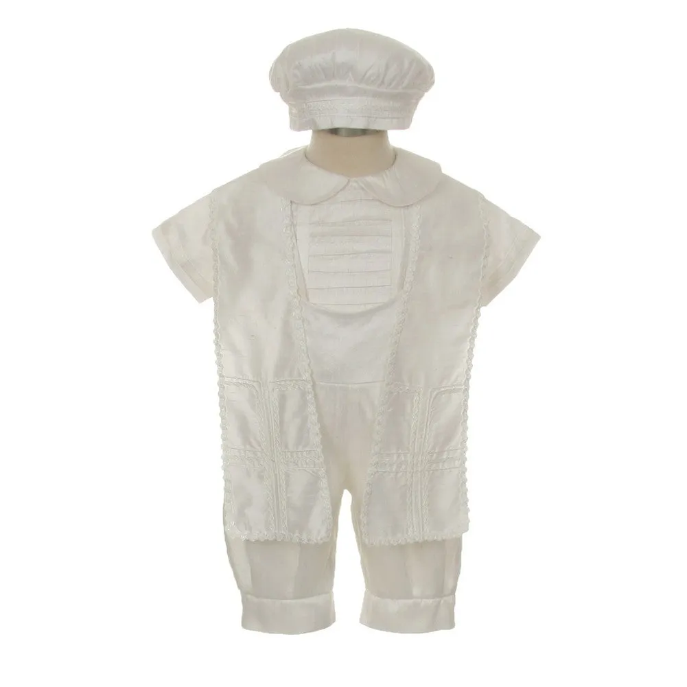 Baby Boys Ivory Silk Stole Hat Baptism Romper Jumpsuit 6-12M