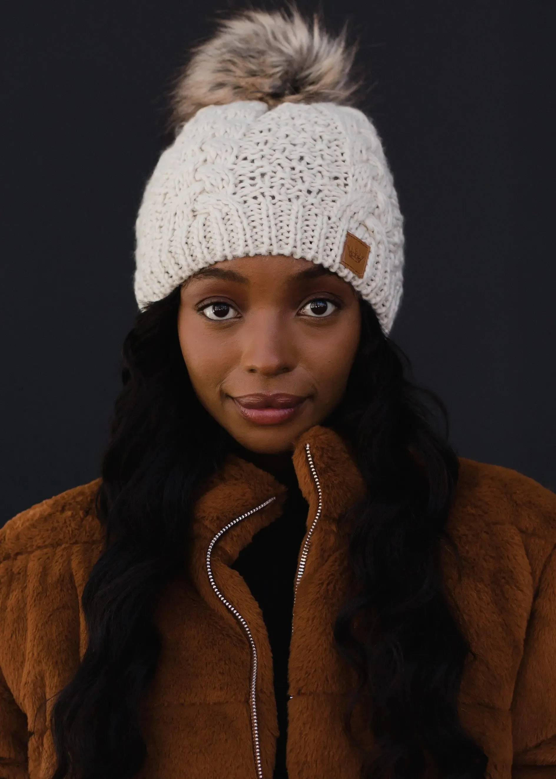 Beige Cable Knit Pom Hat