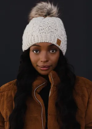 Beige Cable Knit Pom Hat