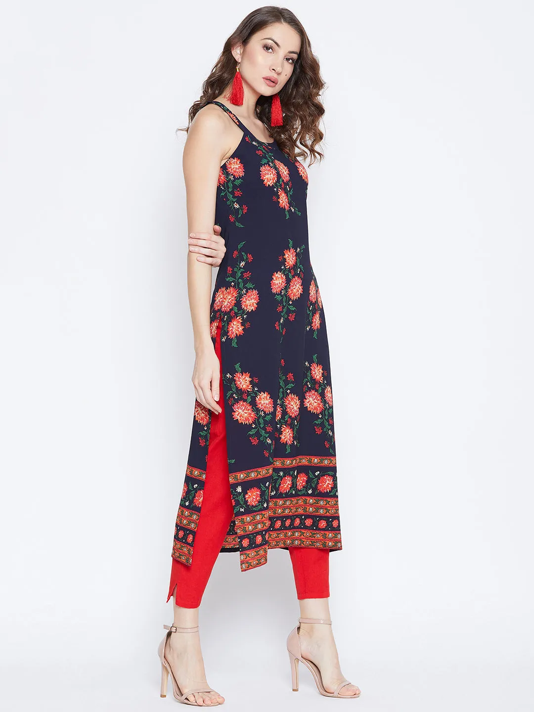 Berrylush Women Navy Blue & Orange Floral Printed Scoop-Neck Side-Slit Straight Kurta