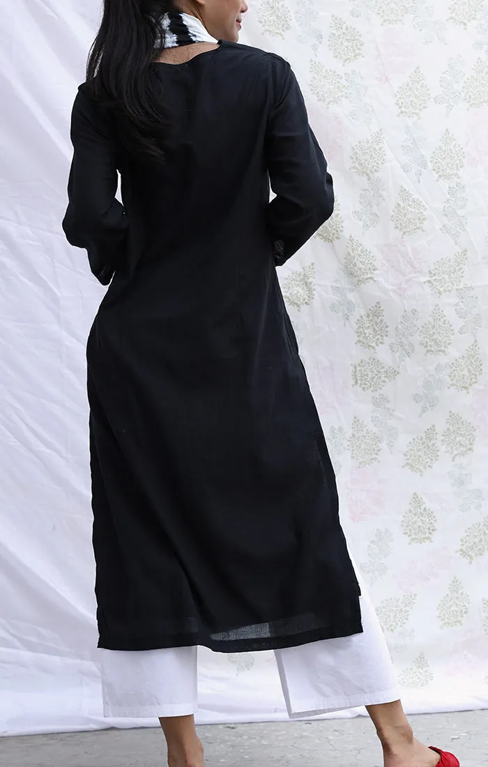 Black Handspun handwoven Muslin Kurta with Pants and Stole