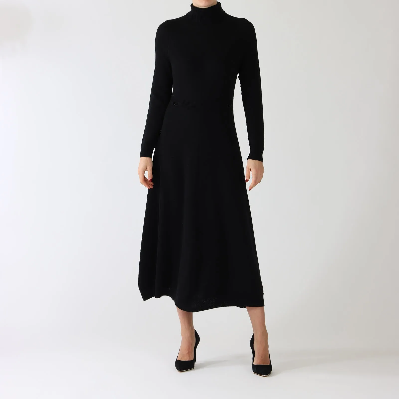 Black Pure Wool Midi Dress