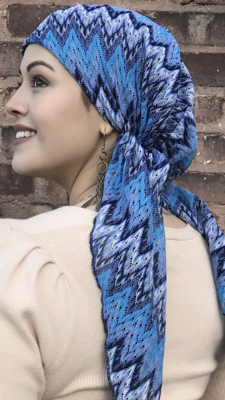 Blue Head Scarf With Lining. Lace Lightweight Hair Covering For Women. Made in USA