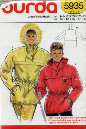 Burda 5935 Boys/Girls Lined Anorak Parka 1980s Vintage Sewing Pattern Sizes 10 - 16 UNCUT Factory Folded