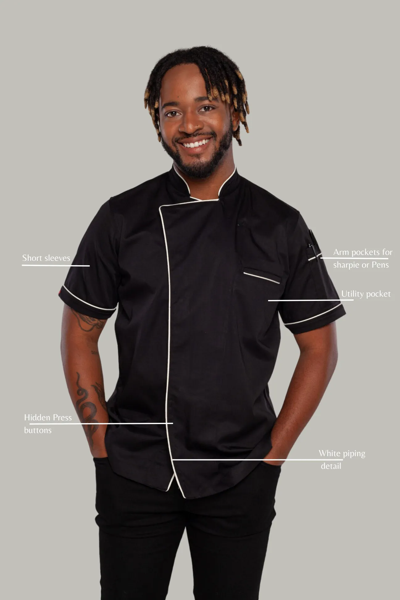 Chef jacket black with white trim and coolvent Bridge