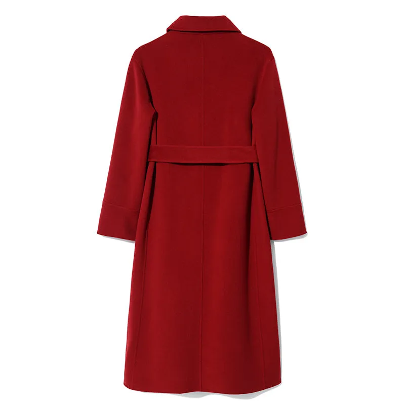 Chili Red Double-Faced Wool And Silk-Blend Lapel Women Coat