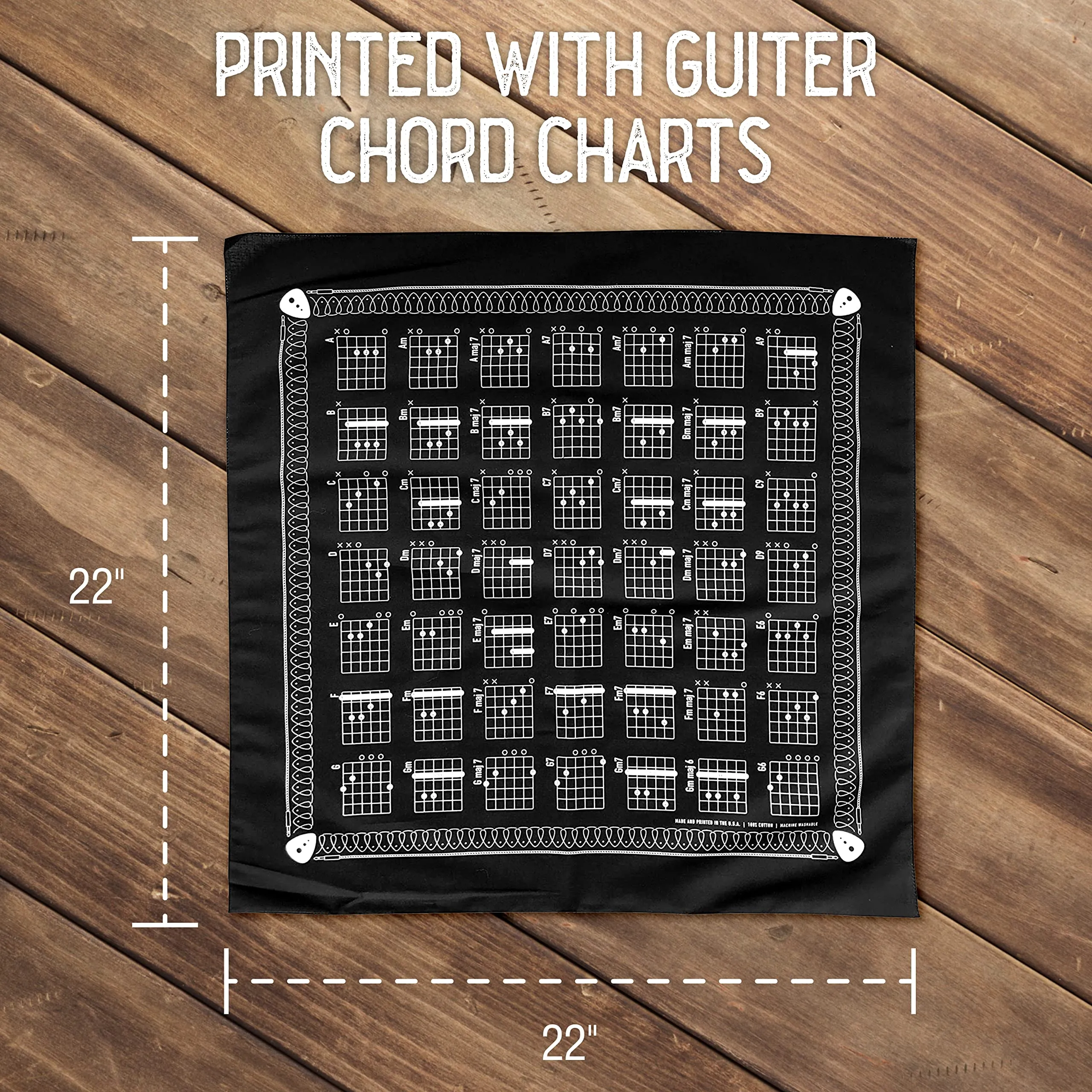 Colter Co. Guitar Chord Chart Bandana - 100% Cotton, Made in USA - Bandanas For Men, Bandanas For Women- Used for Head Bands, Handkerchief Bandana - Black Bandana - 22"x22"