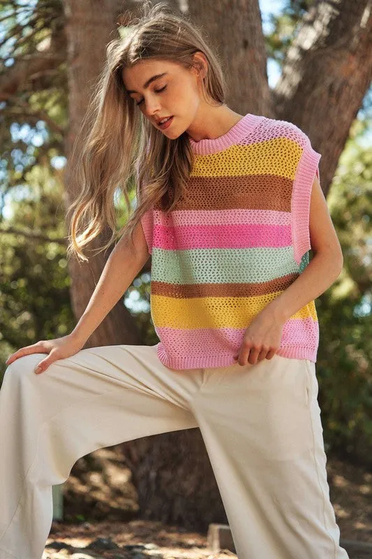 Crochet Multi Striped Pullover Knit Sweater Vest