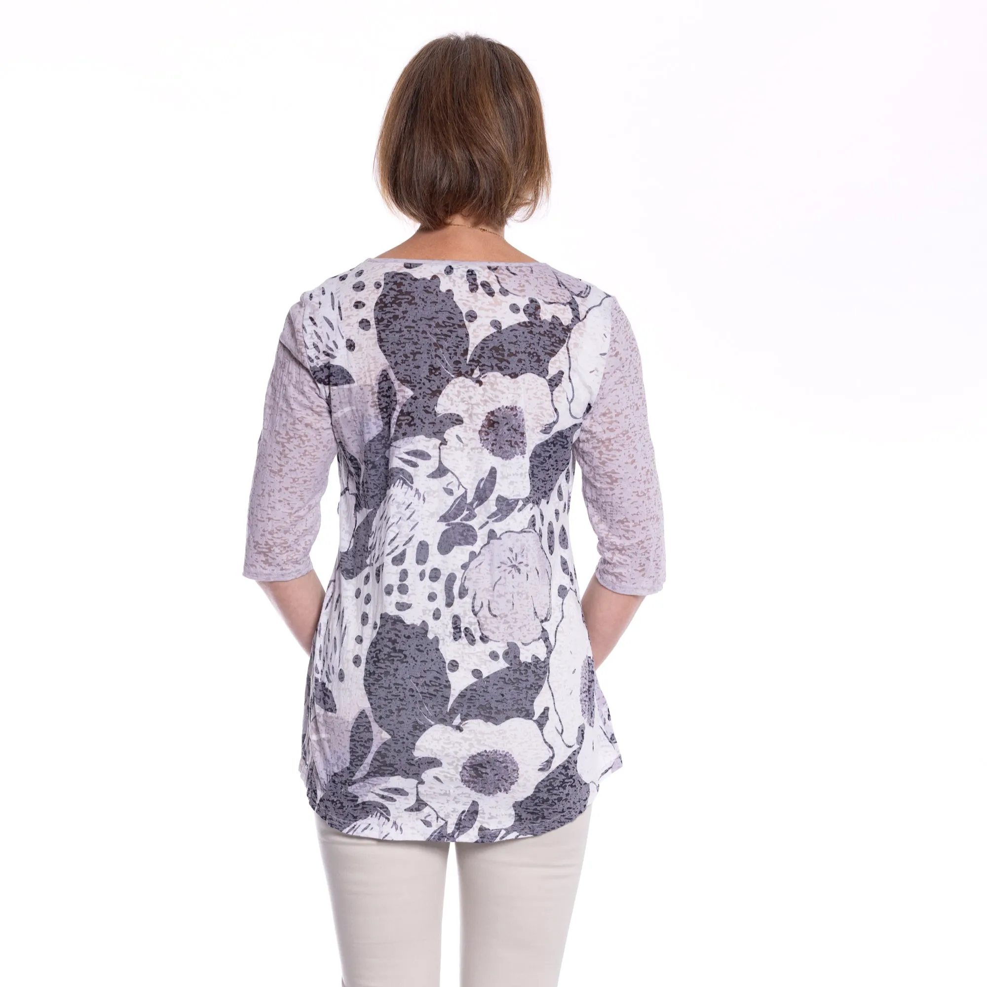 Cross Over Printed Tunic Top by Café Latte - Putty White Flower