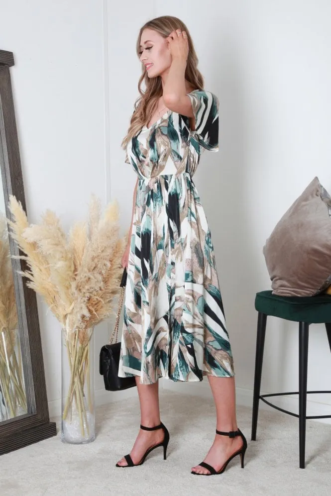 Double Second Satin Print V-Neck Split Hem Midi Dress