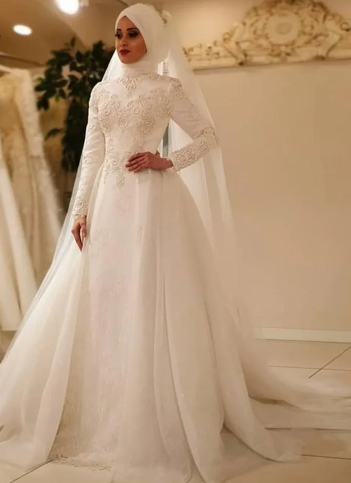 Elegant Long Sleeve O Neck Muslim Tulle Wedding Dress, Plus  Sizes Available