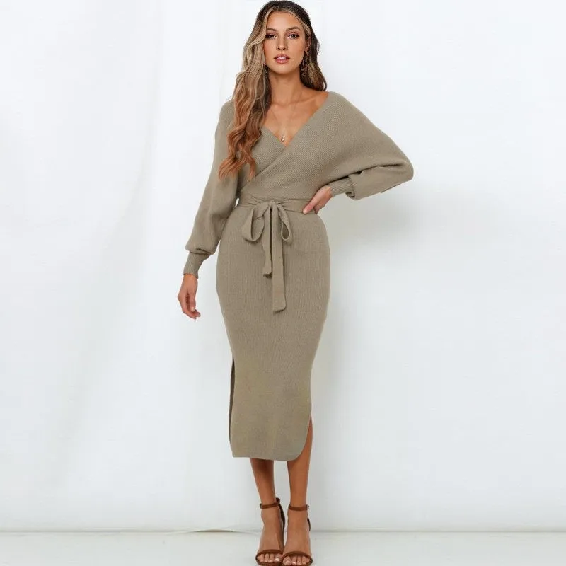 Elegant Sweater Dress with Belt Batwing Sleeve Midi Dress in Kakhi