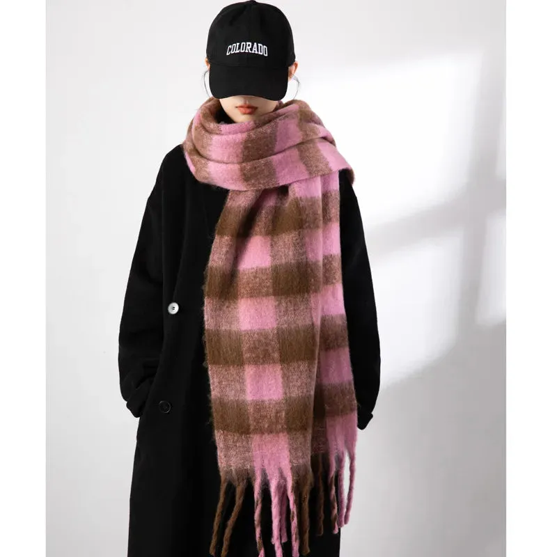 FLYTONN- Winter Plaid Cashmere Scarf Fall Shawl Korean Style Gradient Scarves Blanket Scarf without Tag