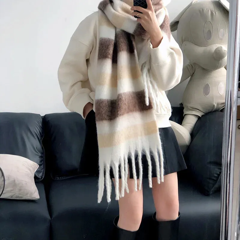 FLYTONN- Winter Plaid Cashmere Scarf Fall Shawl Korean Style Gradient Scarves Blanket Scarf without Tag