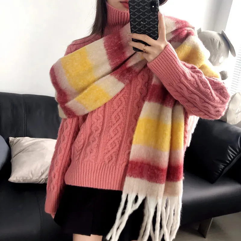 FLYTONN- Winter Plaid Cashmere Scarf Fall Shawl Korean Style Gradient Scarves Blanket Scarf without Tag