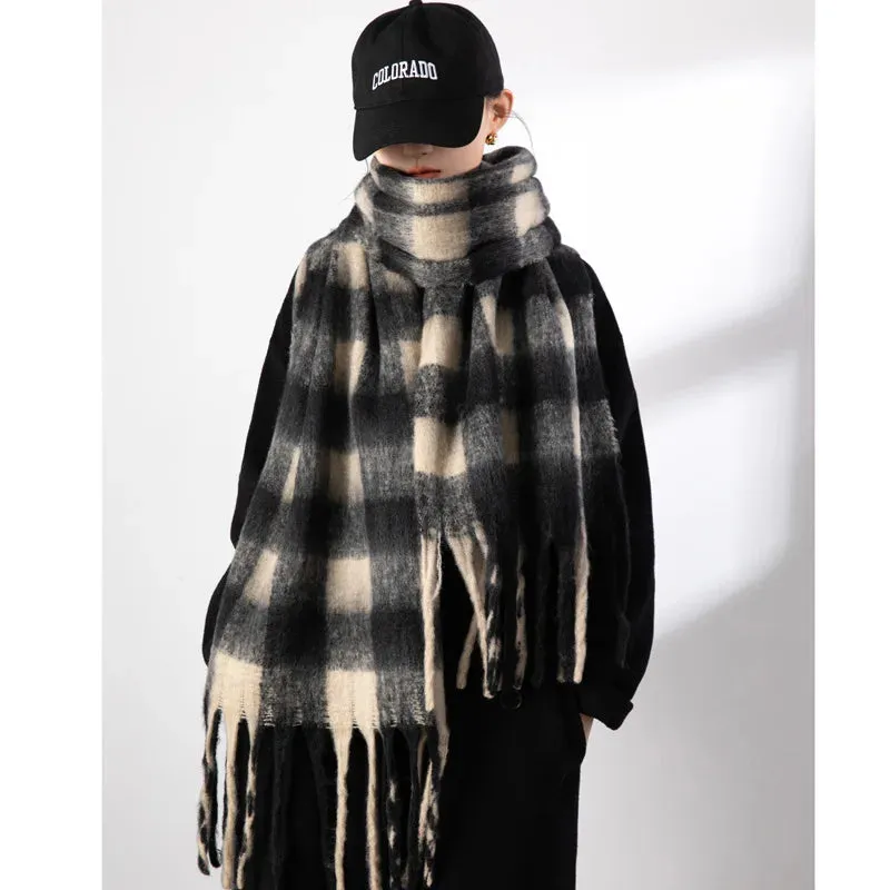 FLYTONN- Winter Plaid Cashmere Scarf Fall Shawl Korean Style Gradient Scarves Blanket Scarf without Tag