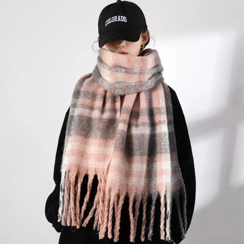 FLYTONN- Winter Plaid Cashmere Scarf Fall Shawl Korean Style Gradient Scarves Blanket Scarf without Tag