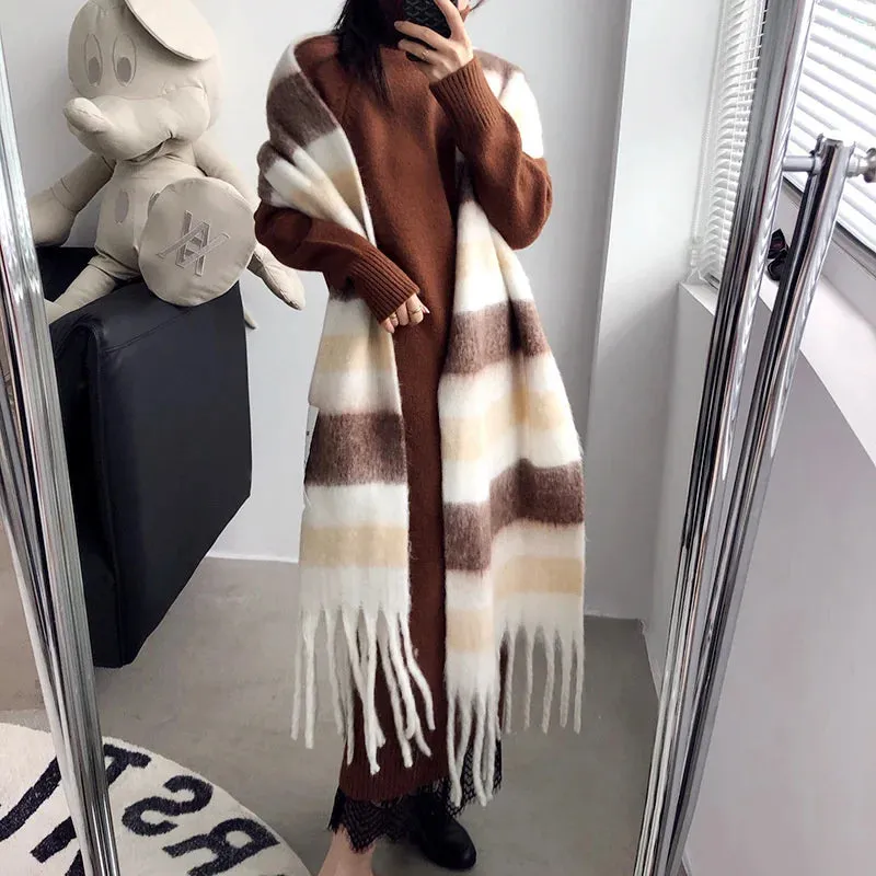 FLYTONN- Winter Plaid Cashmere Scarf Fall Shawl Korean Style Gradient Scarves Blanket Scarf without Tag