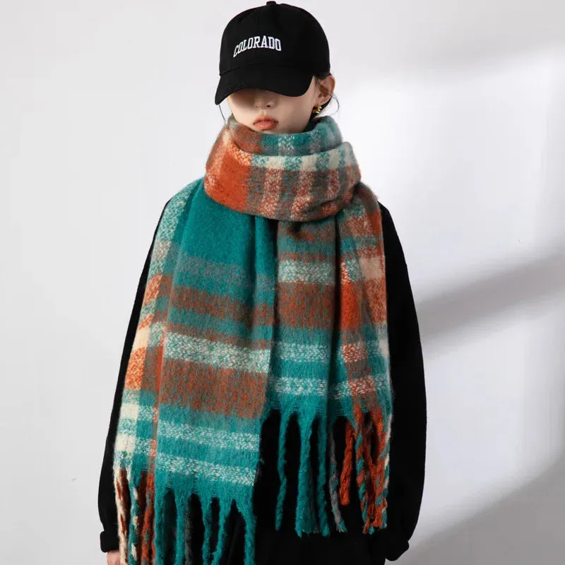 FLYTONN- Winter Plaid Cashmere Scarf Fall Shawl Korean Style Gradient Scarves Blanket Scarf without Tag