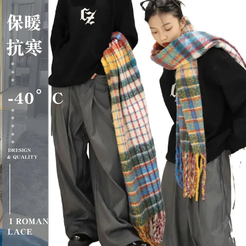 FLYTONN- Winter Plaid Cashmere Scarf Fall Shawl Korean Style Gradient Scarves Blanket Scarf without Tag