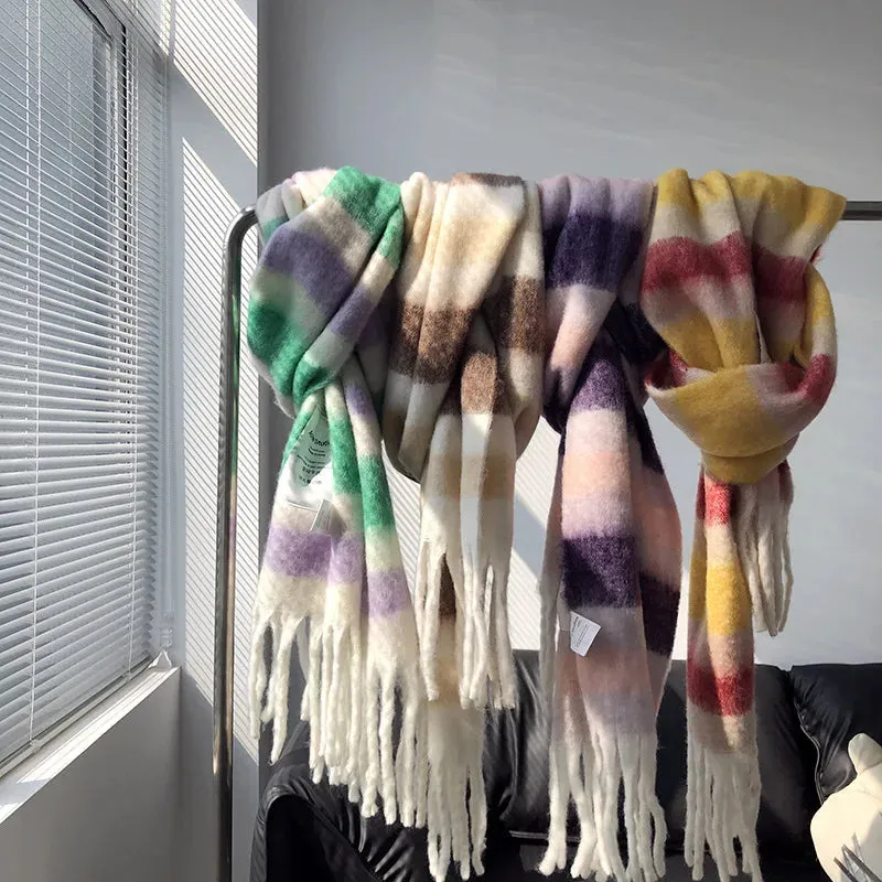 FLYTONN- Winter Plaid Cashmere Scarf Fall Shawl Korean Style Gradient Scarves Blanket Scarf without Tag