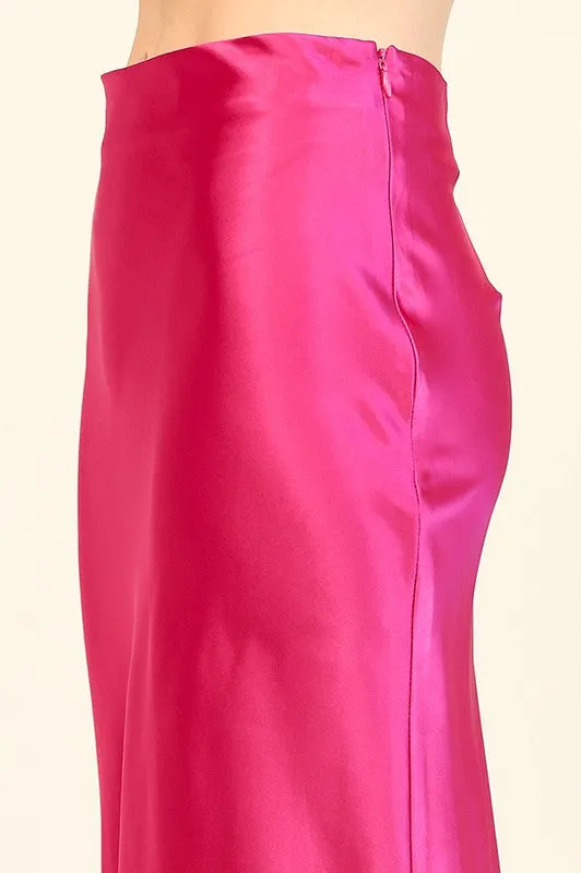 Fuchsia Glossy Satin Mermaid Midi Skirts