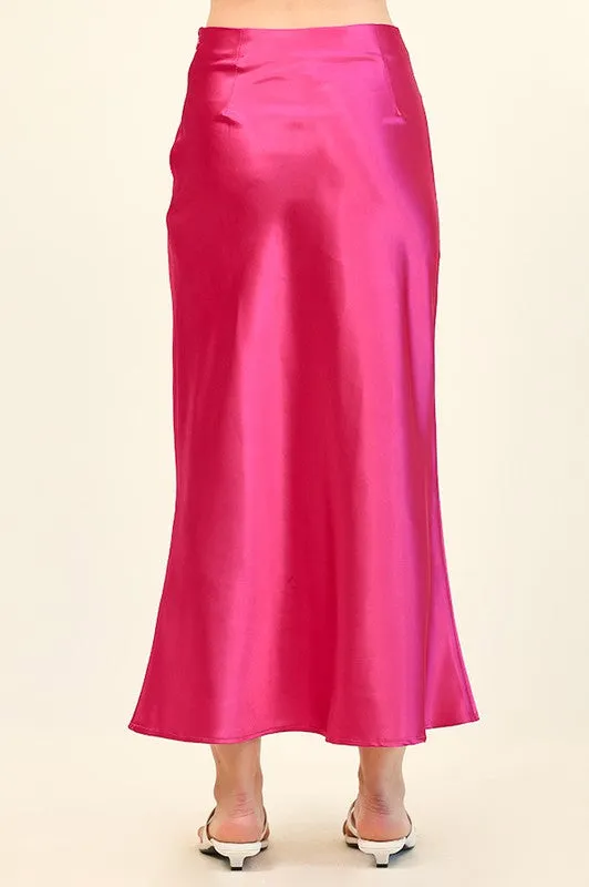 Fuchsia Glossy Satin Mermaid Midi Skirts