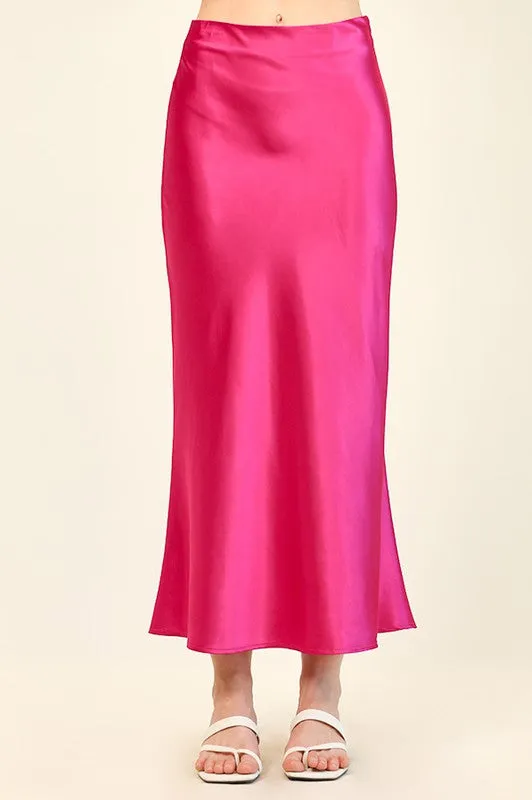 Fuchsia Glossy Satin Mermaid Midi Skirts