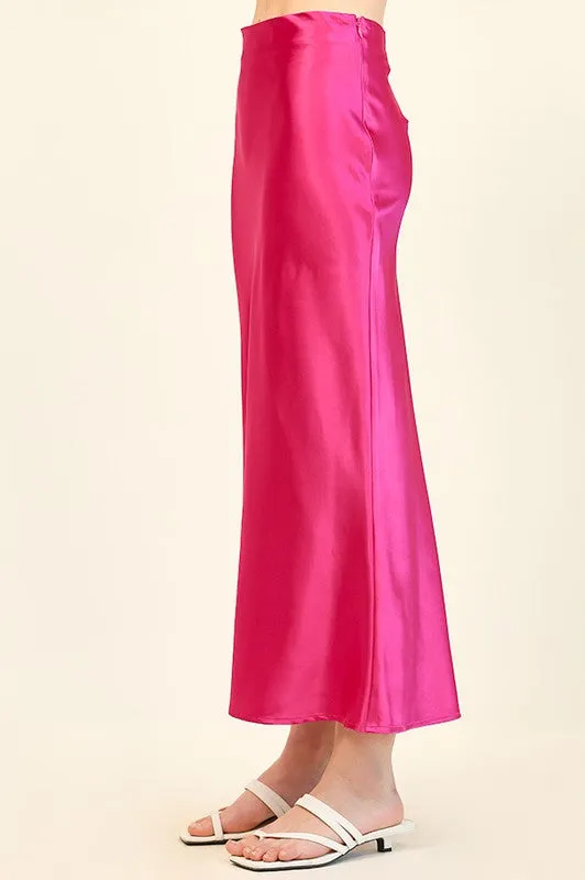 Fuchsia Glossy Satin Mermaid Midi Skirts