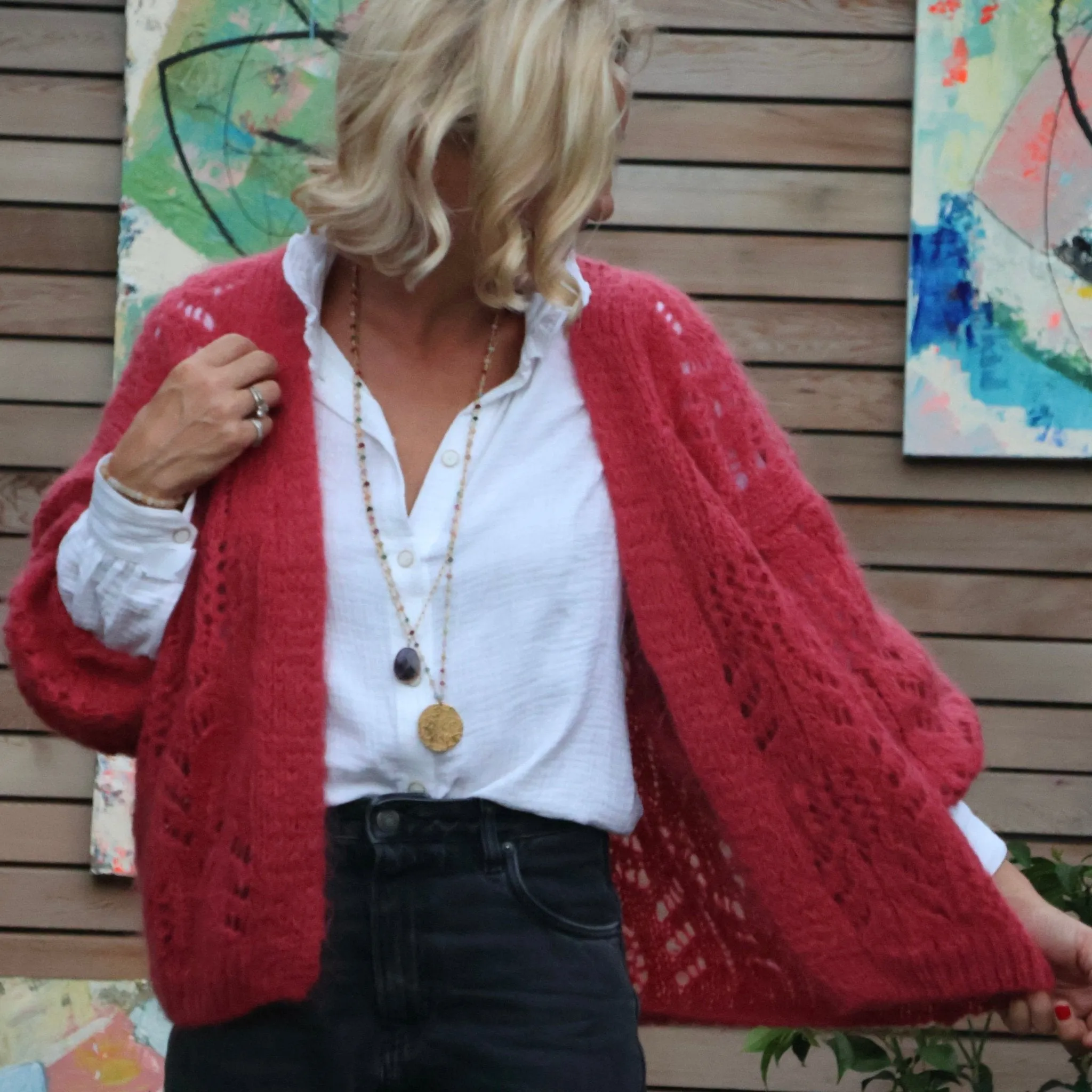 Gilet Flavie ajouré framboise