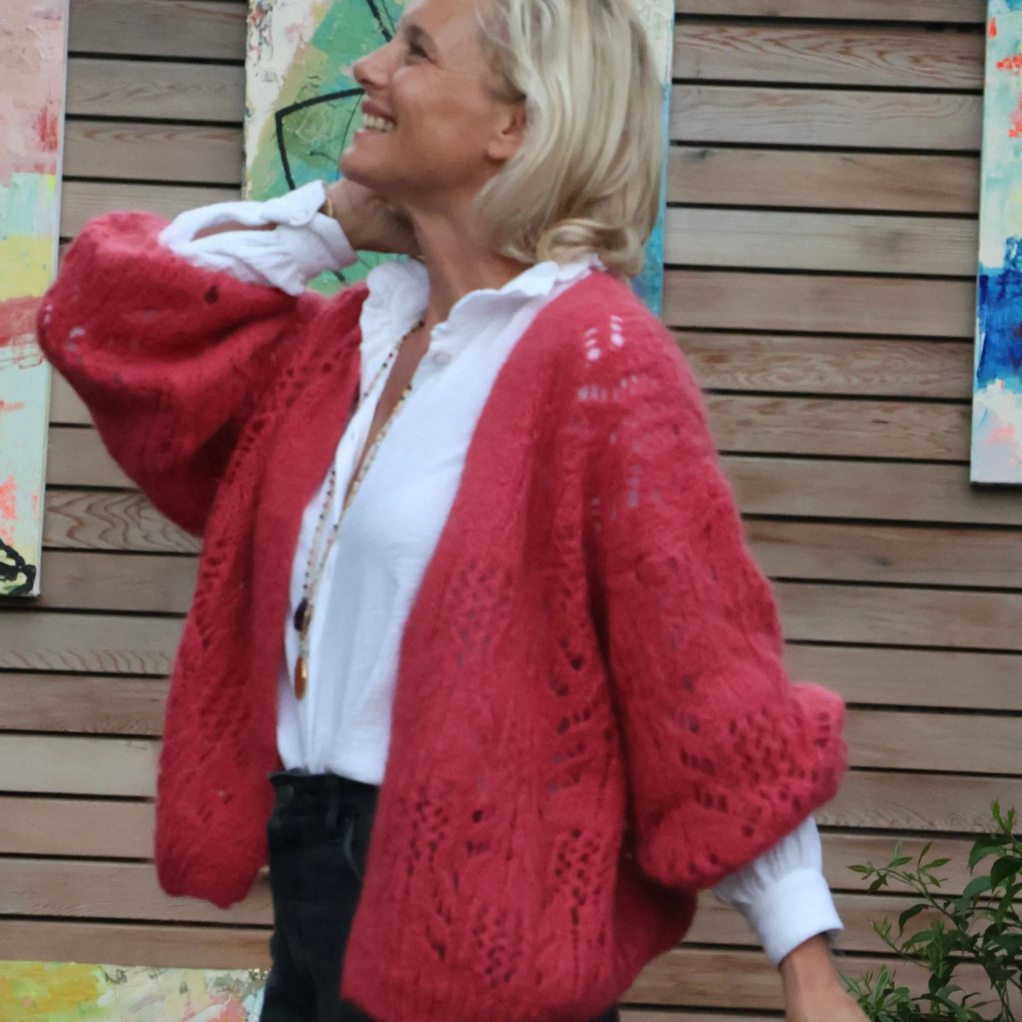 Gilet Flavie ajouré framboise