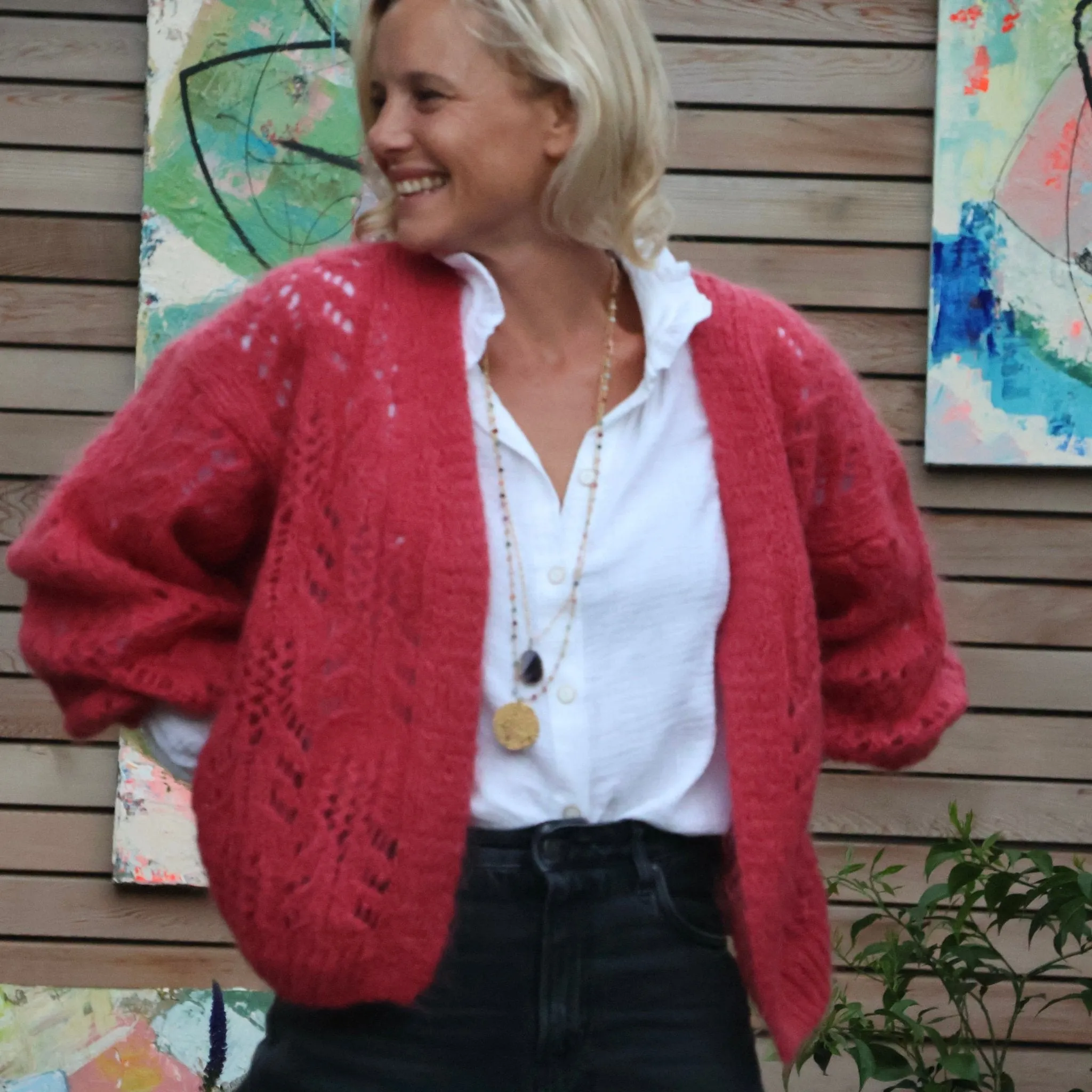 Gilet Flavie ajouré framboise